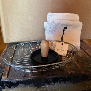 Hearth & Hand Lot - New with tags towels, wire basket, burger press